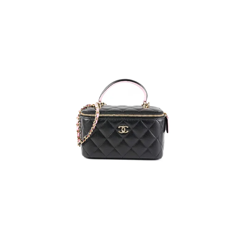 Red satin party handbag-Chanel Vanity Top Handle Lambskin Black Bag