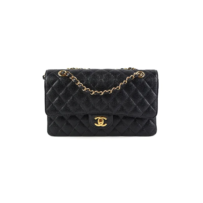 Elegant red satin handbag-Chanel Classic Flap Medium Caviar Black