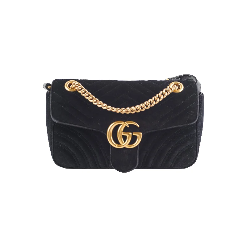 Designer tan suede handbag-Gucci Marmont Small Suede Black Shoulder Bag