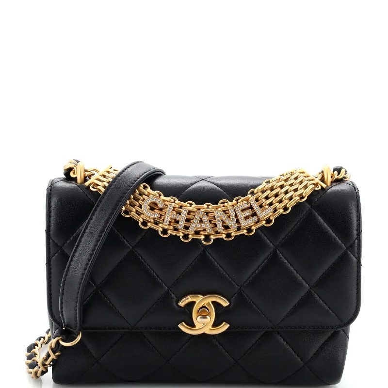 Chic gold crossbody bag-Crystal Logo Letters Chain Handle Flap Bag Quilted Lambskin Small