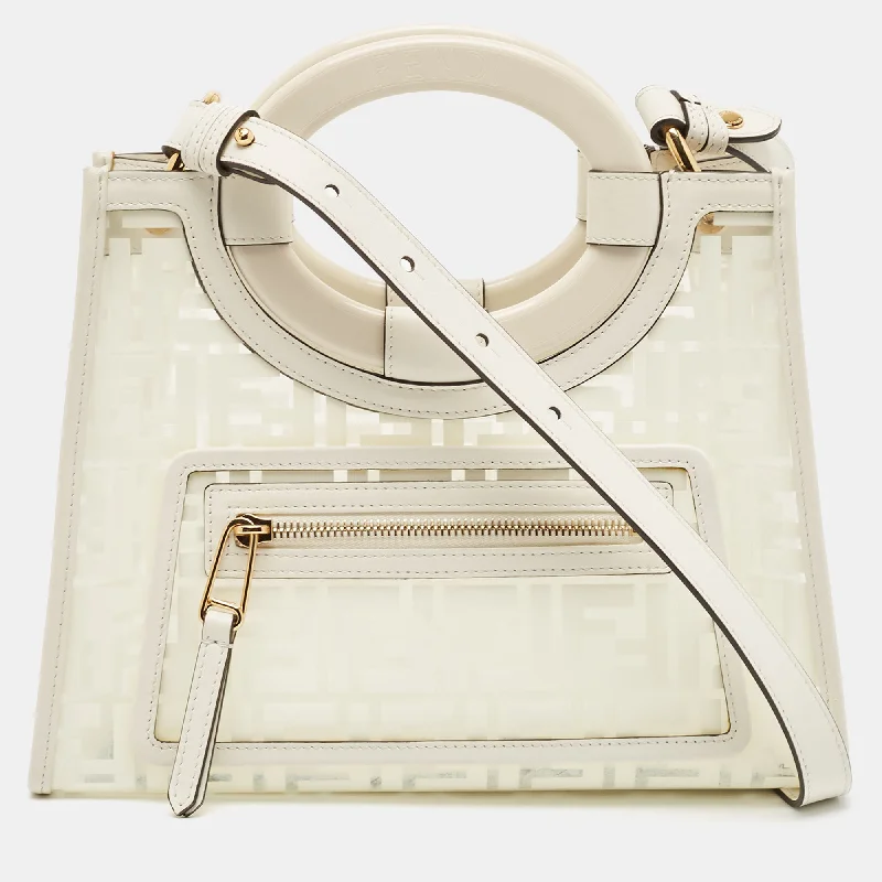 Elegant fringe gala tote bag-Fendi Transparent/off White Zucca Pvc And Leather Small Runaway Shopper Tote