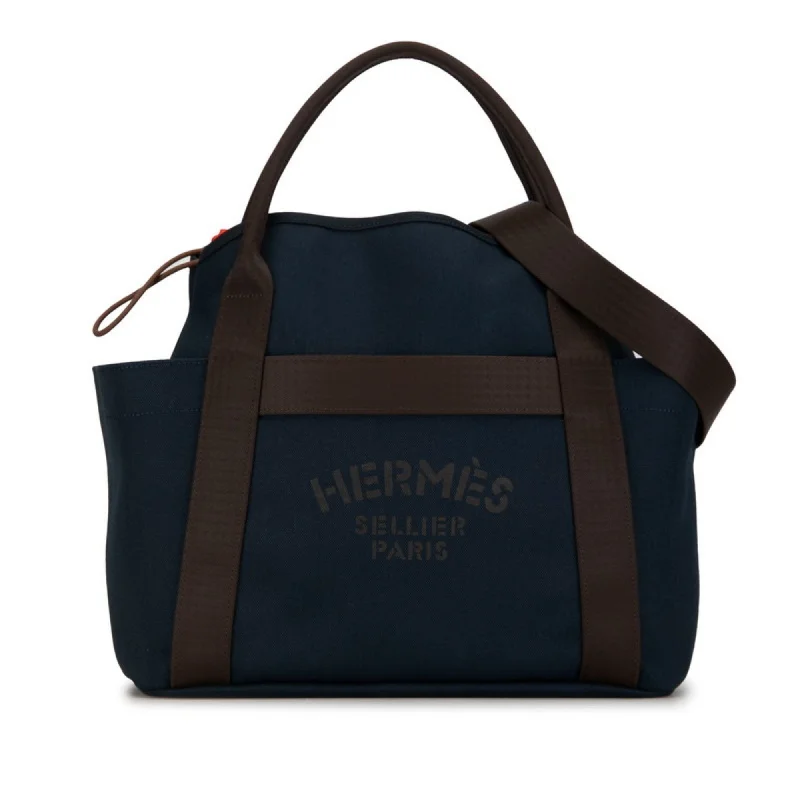 Adjustable strap tote bag-Hermes  Navy Canvas Leather Handbag Shoulder Bag Tote Bag (Pre-Owned)