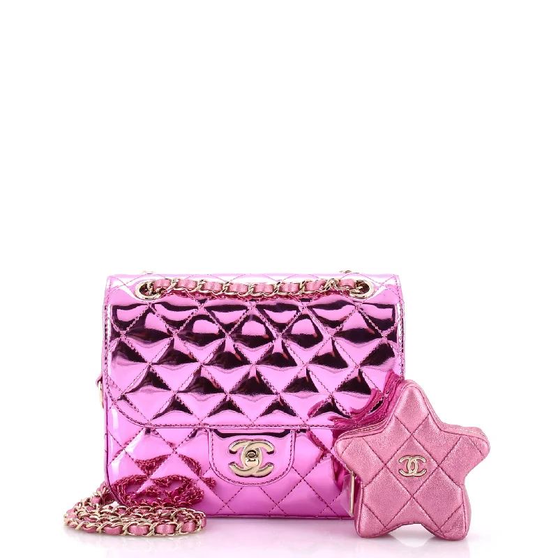 Spacious quilted work crossbody bag-Classic Single Flap Bag with Star Coin Purse Quilted Metallic Leather Mini