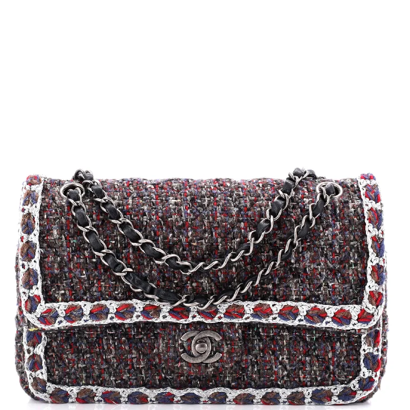 Bohemian fringe crossbody bag-Classic Double Flap Bag Braided Quilted Tweed Medium