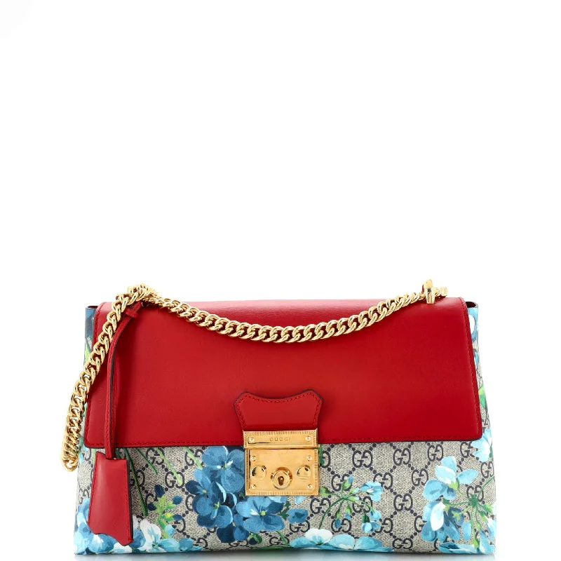 Adjustable grey crossbody bag-Padlock Chain Flap Bag Blooms Print GG Coated Canvas and Leather Medium