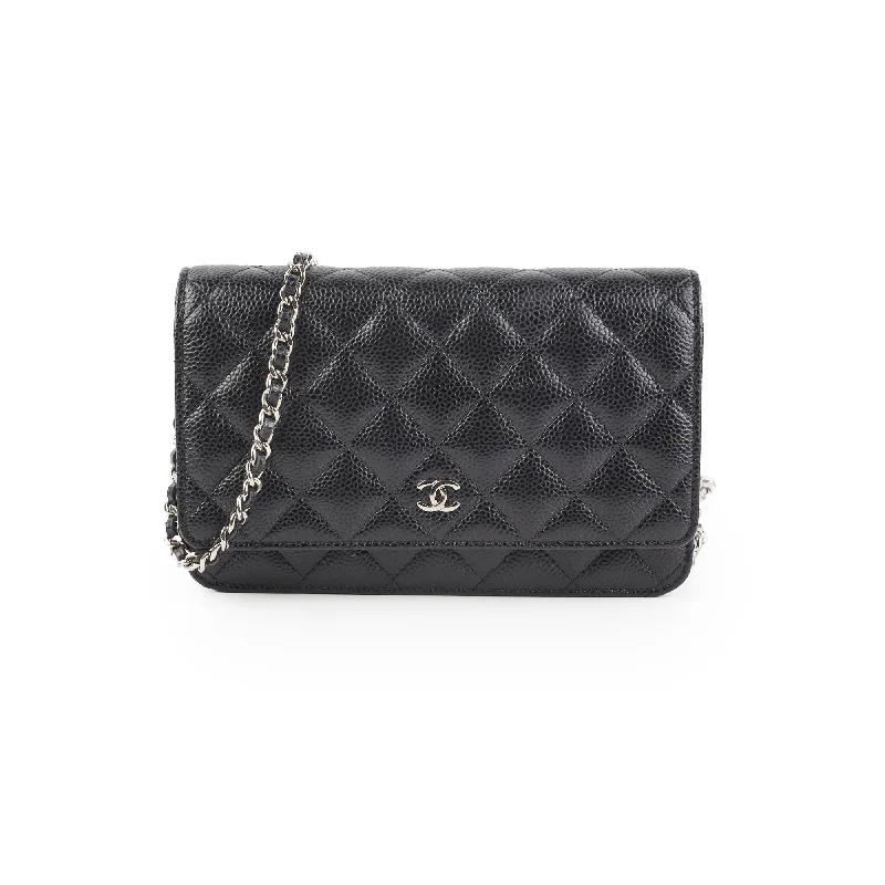 Casual red denim handbag-Chanel Caviar Wallet On Chain Black