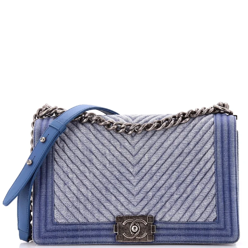 Elegant fringe gala crossbody bag-Boy Flap Bag Chevron Denim New Medium