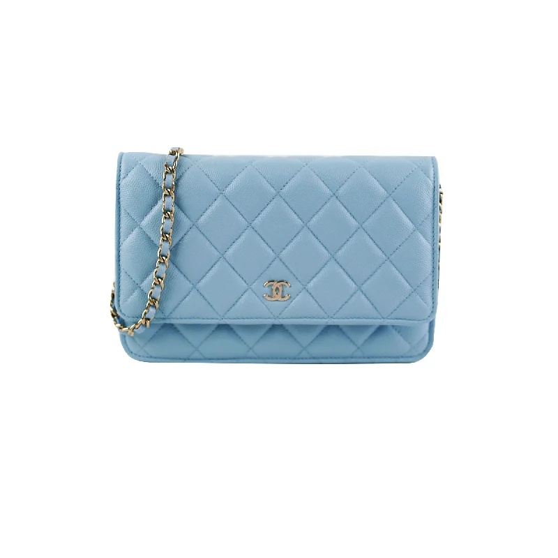 Handmade tan artisan handbag-Chanel Wallet On Chain WOC Caviar Light Blue  (Microchip)