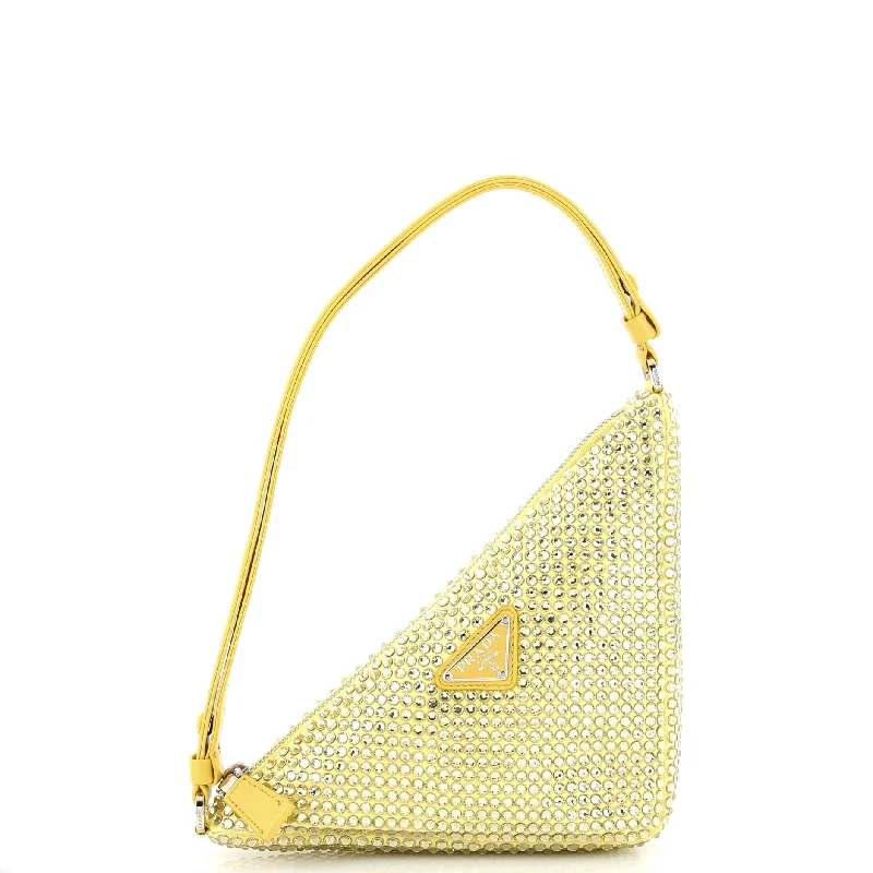 Medium suede casual crossbody bag-Triangle Top Handle Pouch Bag Crystal Embellished Satin Mini