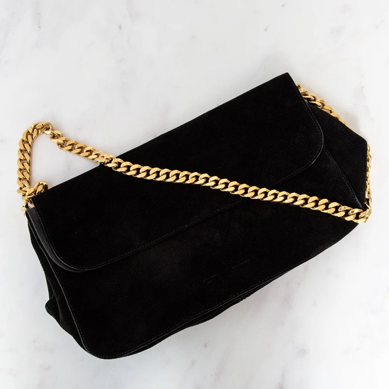 Luxury teal crossbody bag-Celine Gourmette  Black Suede Shoulder Bag