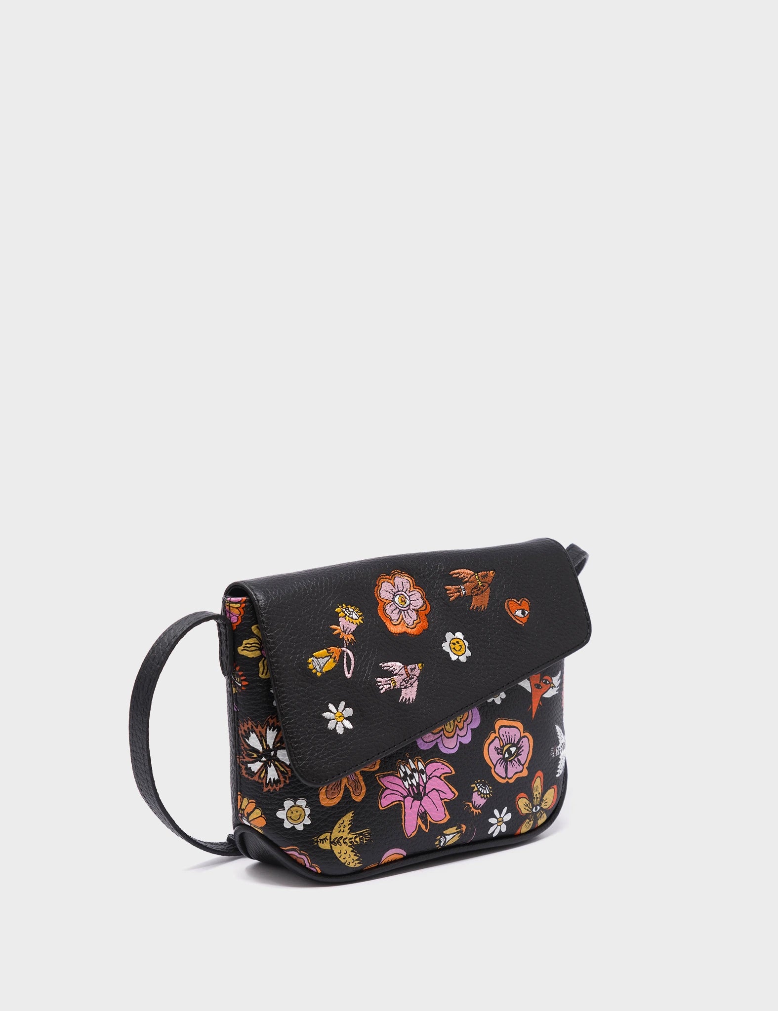 Durable red crossbody bag-Bruno Mini Crossbody Black Leather Bag - Vintage Bloom Design