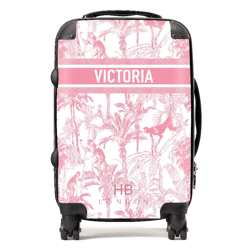 locked suitcase for safe journeys -Personalised Pink Jungle Toile with Designer Font Initial Suitcase