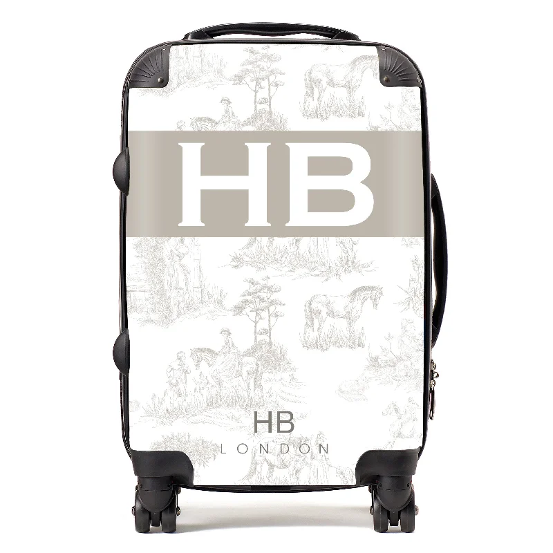 high-grade suitcase for lasting use -Personalised Greige French Toile with Original Font Initial Suitcase