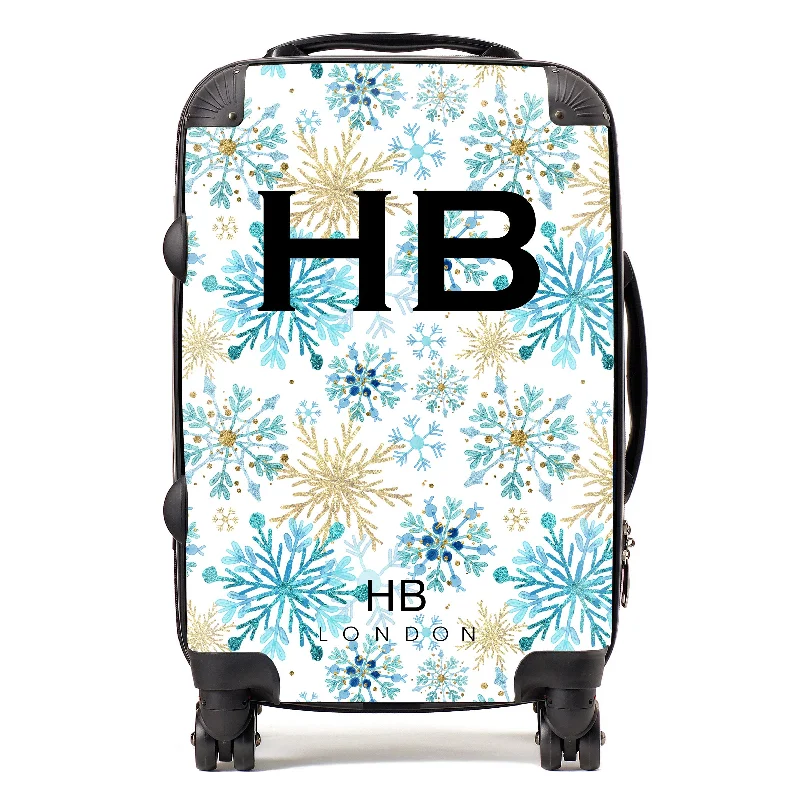 unique suitcase for custom journeys -Personalised Blue and Gold Snowflake with Black Font Initial Suitcase