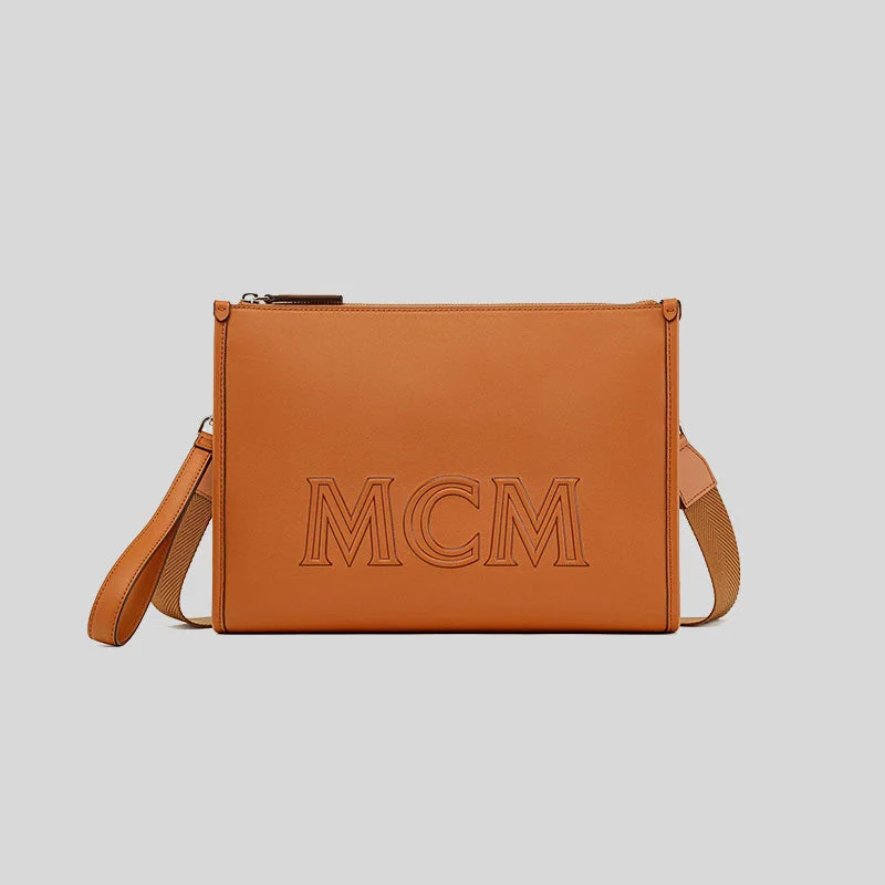 Sleek black crossbody bag-MCM Aren Crossbody Pouch in Spanish Calf Leather Cognac RS-MMRDATA03CO001