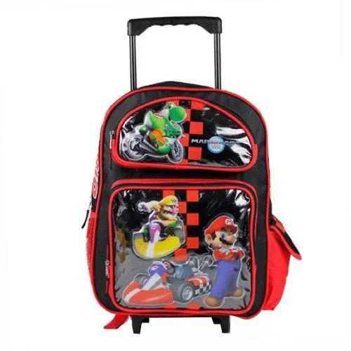 rugged backpack for harsh conditions -16" Large Super Mario Bros Roller Backpack - Red Checkered Rolling Wheeled Bag