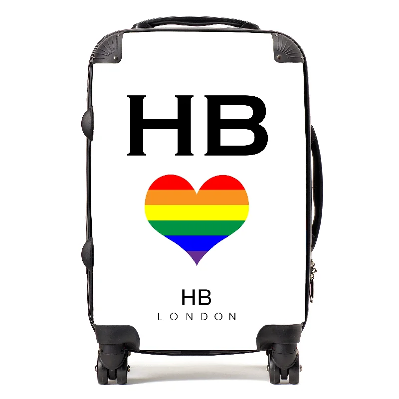 giant suitcase for festive travel -Personalised White Pride Heart with Black Font Initial Suitcase