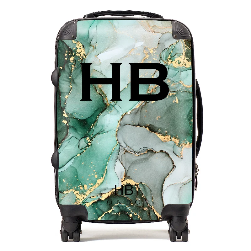 soft-case suitcase for light trips -Personalised Emerald and Gold Ink Marble with Black Font Initial Suitcase