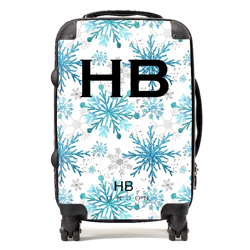 leaf suitcase for eco journeys -Personalised Blue and Silver Snowflake with Black Font Initial Suitcase