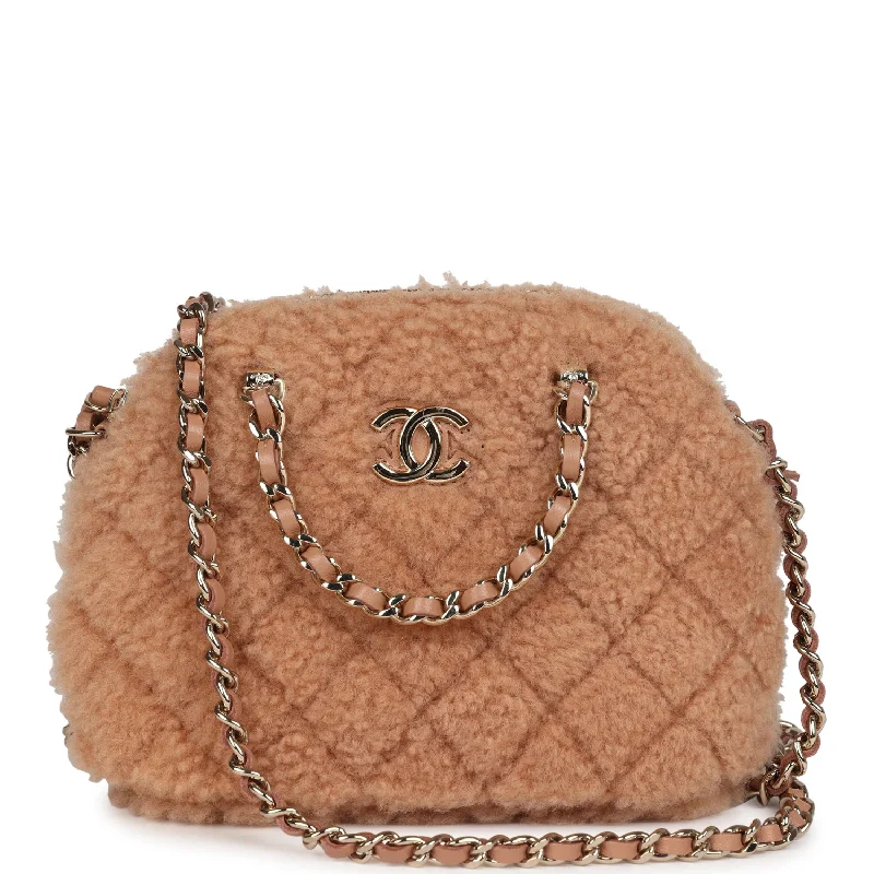 Stylish tan crossbody bag-Chanel Small Crossbody Bag Light Brown Shearling Light Gold Hardware