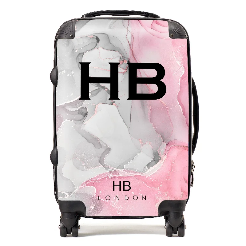 luxury suitcase for VIP getaways -Personalised Grey and Pink Ink Marble with Black Font Initial Suitcase