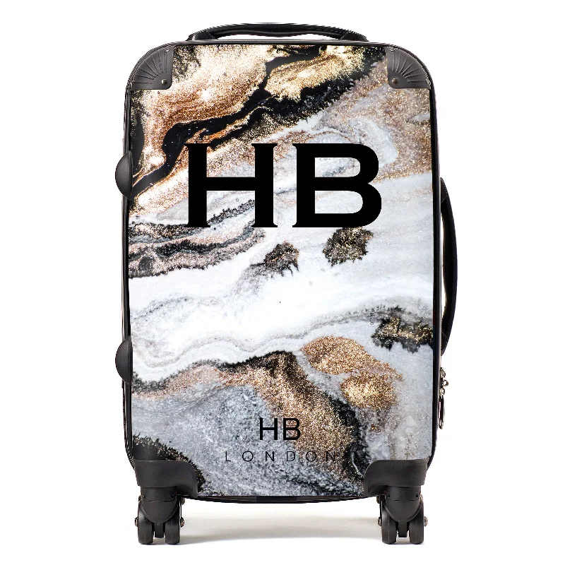 small suitcase for light trips -Personalised Golden Charcoal Liquid Marble with Black Font Initial Suitcase