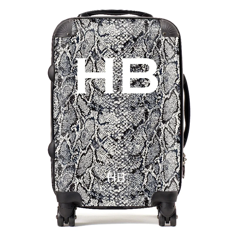 locked suitcase for safe travel -Personalised Grey Snake Skin Print with White Font Initial Suitcase