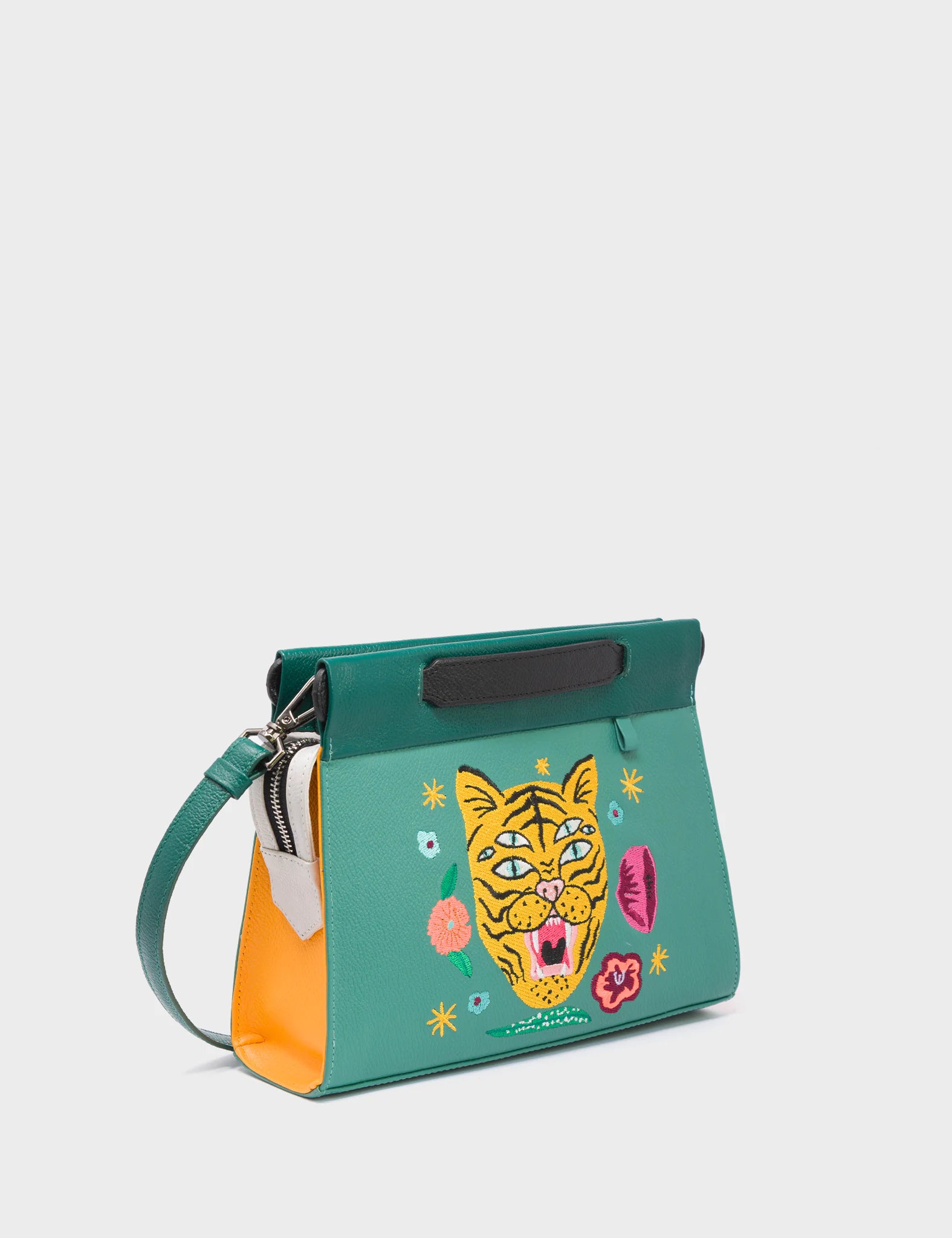 Mint green lightweight crossbody bag-Vali Crossbody Small Deep Sea Green Leather Bag - Tiger and Flowers Embroidery