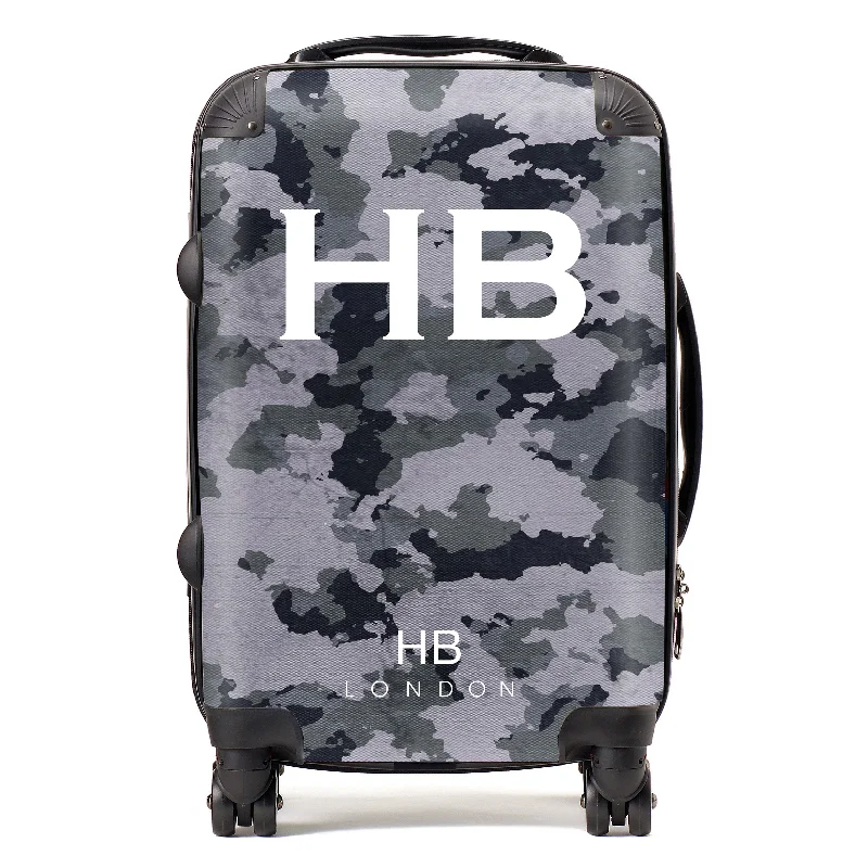 hardy suitcase for adventurous paths -Personalised Dark Grey Camouflage with White Font Initial Suitcase