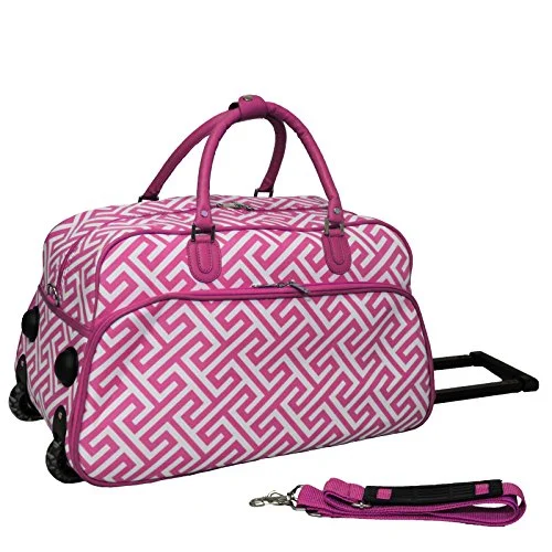 black duffel bags for sharp style -World Traveler Greek Key 21-Inch Rolling Duffle Bag, Fuchsia White Greek Key