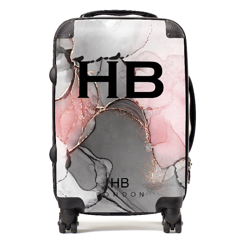 foldable suitcase for tiny spaces -Personalised Grey, Pink and Rose Gold Ink Marble with Black Font Initial Suitcase