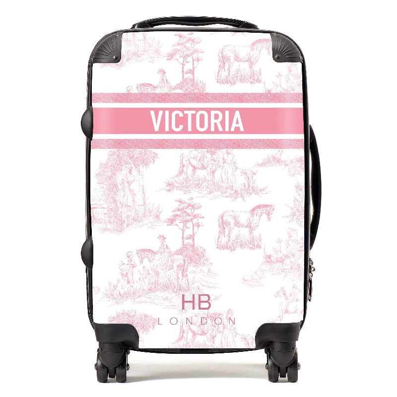 luxe suitcase for premium trips -Personalised Pink French Toile with Designer Font Initial Suitcase