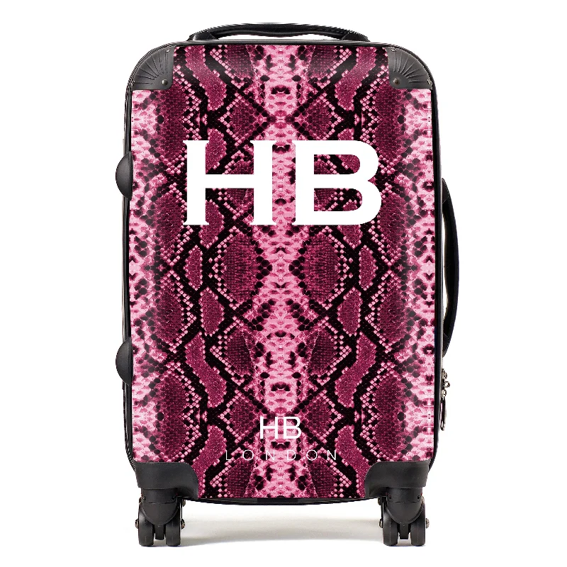 midsize suitcase for balanced travel -Personalised Cranberry Snake Skin Print with White Font Initial Suitcase