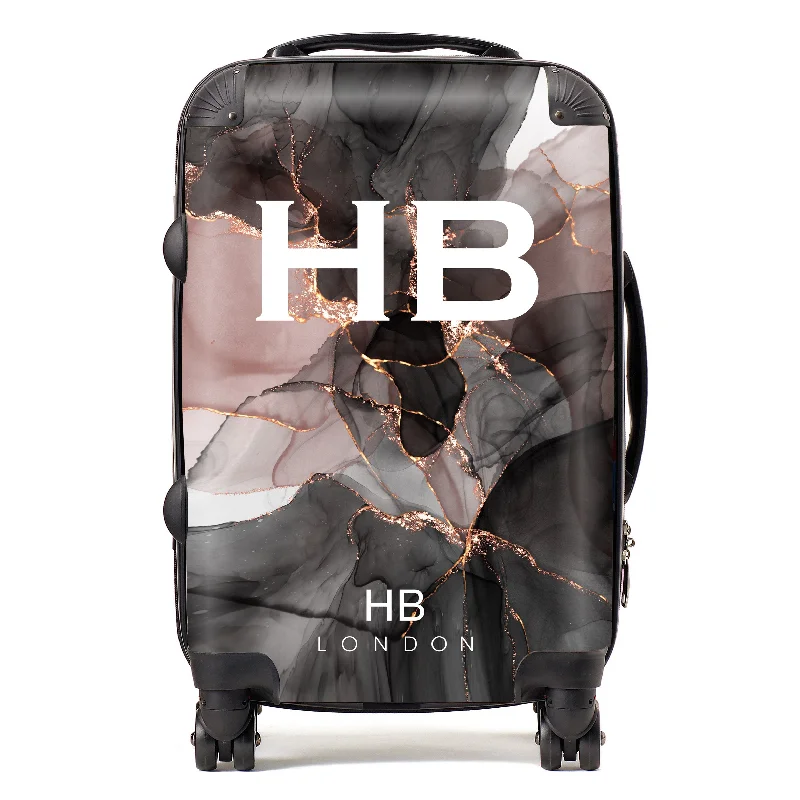 high-end suitcase for posh style -Personalised Black and Dusky Ink Marble with White Font Initial Suitcase