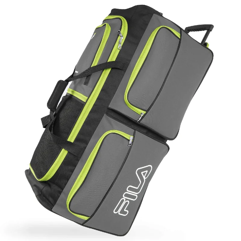 portable duffel bags for fast trips -Fila 7-Pocket Large Rolling Duffel Bag, Grey/Neon Lime, One Size