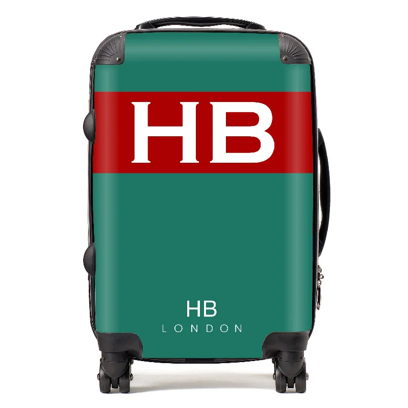 glossy suitcase for chic travel -Personalised Green and Red with White Font Initial Suitcase