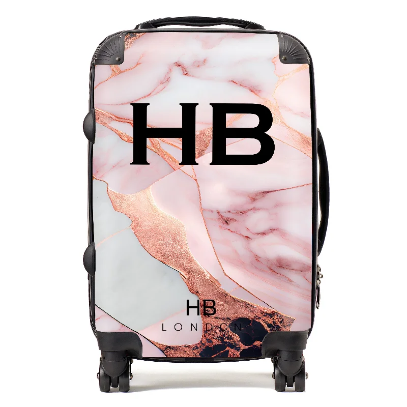 sleek suitcase for minimalist style -Personalised Pink and Rose Gold Marble with Black Font Initial Suitcase