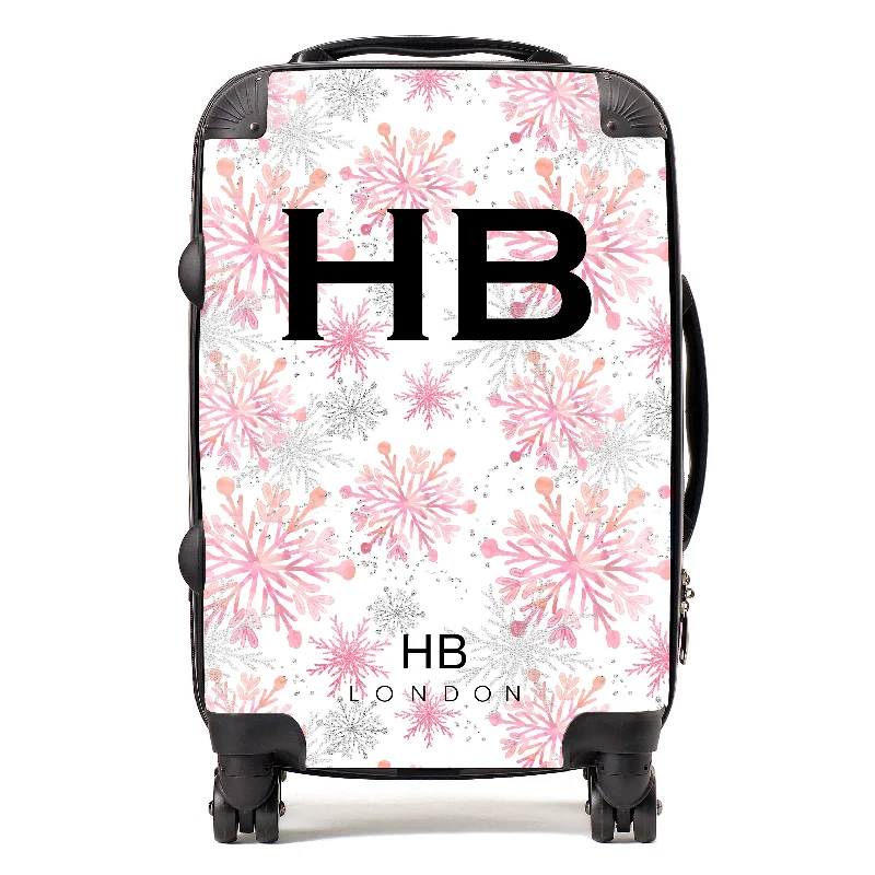 grip suitcase for easy carry -Personalised Pink and Silver Snowflake with Black Font Initial Suitcase