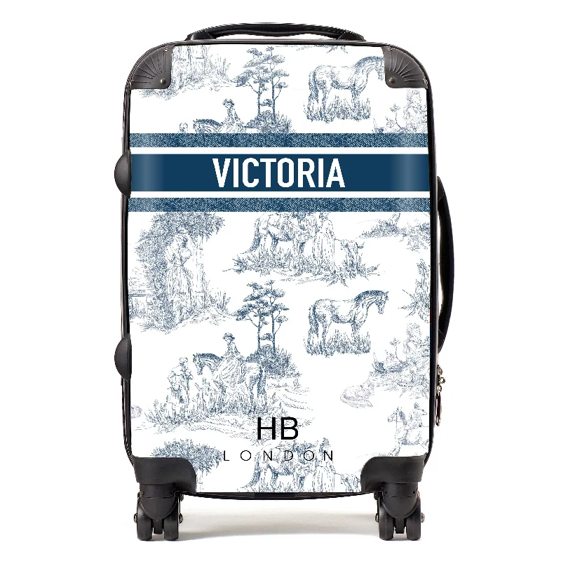 hip suitcase for trendy travel -Personalised Navy French Toile with Designer Font Initial Suitcase