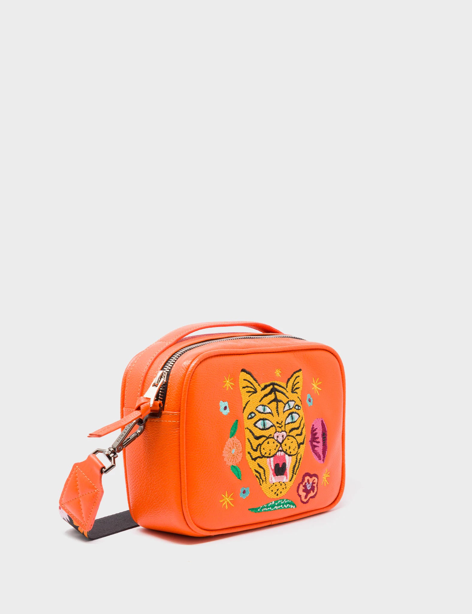 Small grey evening crossbody bag-Verto Crossbody Vermillion Orange Leather Handbag - Tiger and Flowers Embroidery