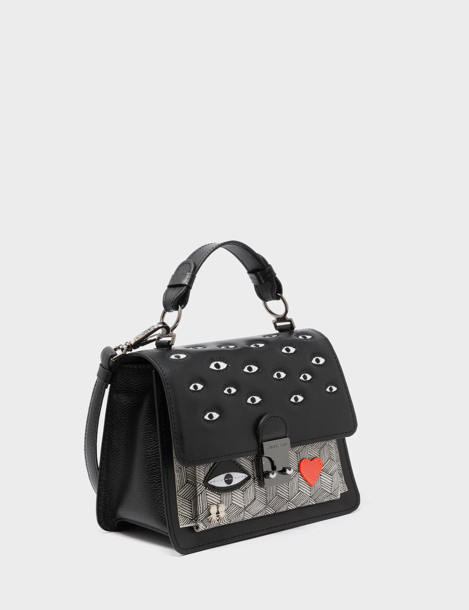 Medium ruby crossbody bag-Silas Black Small Leather Crossbody Bag - All Over Eyes Embroidery