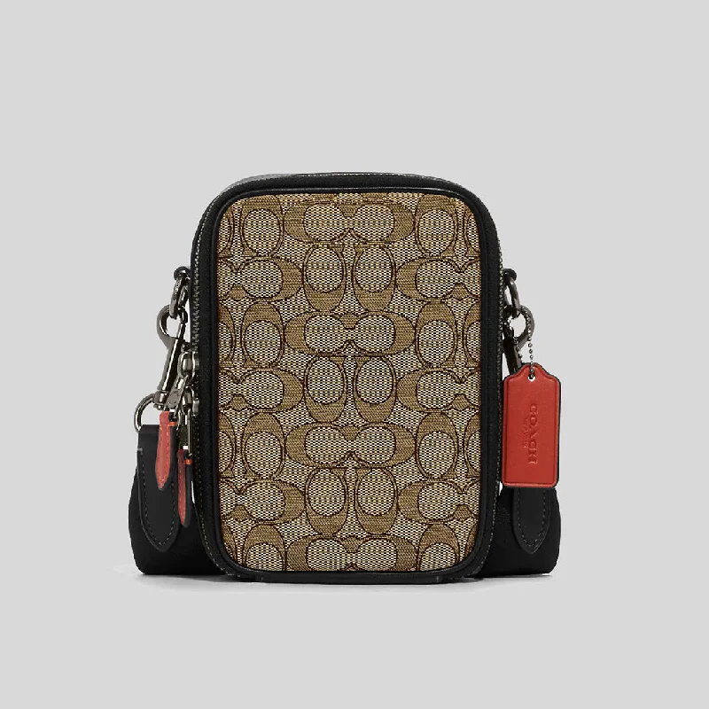 Designer leather crossbody bag-Coach Stanton Crossbody In Signature Jacquard Khaki/Black Multi RS-CH097