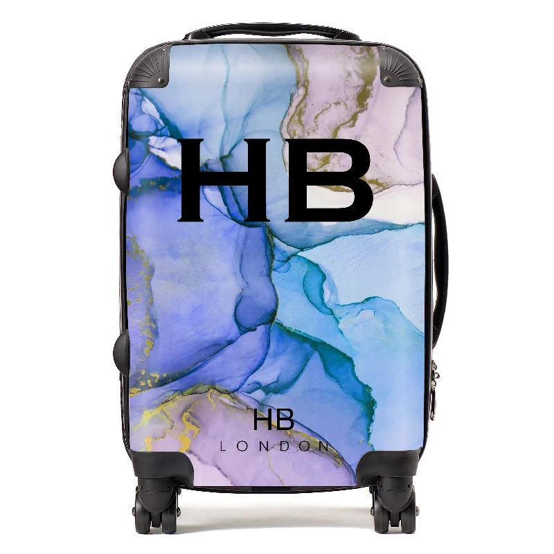 durable suitcase for strong journeys -Personalised Blue and Purple Ink Marble with Black Font Initial Suitcase