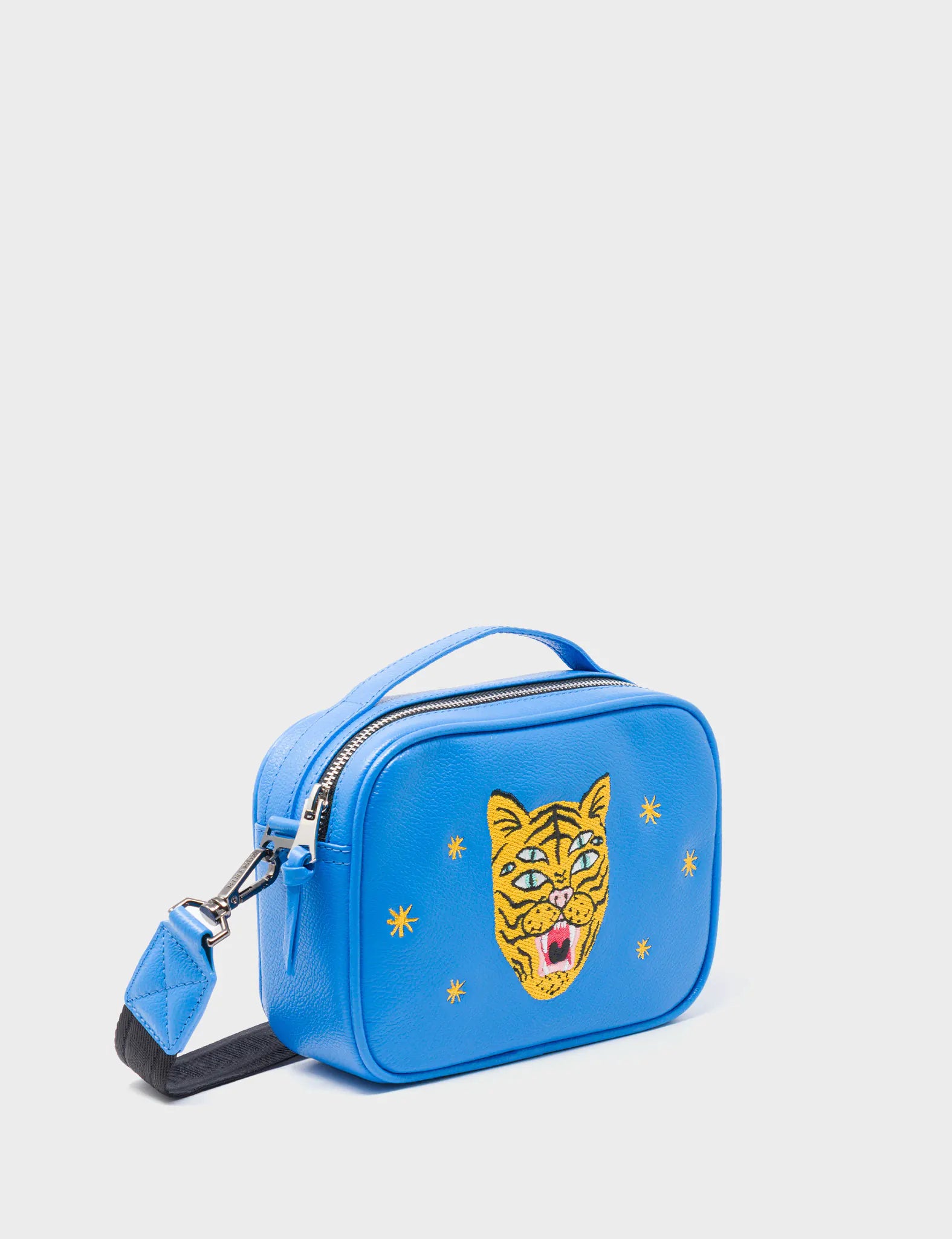 Orange summer crossbody bag-Verto Ibiza Blue Leather Crossbody Bag - Happy Tiger Face Embroidery