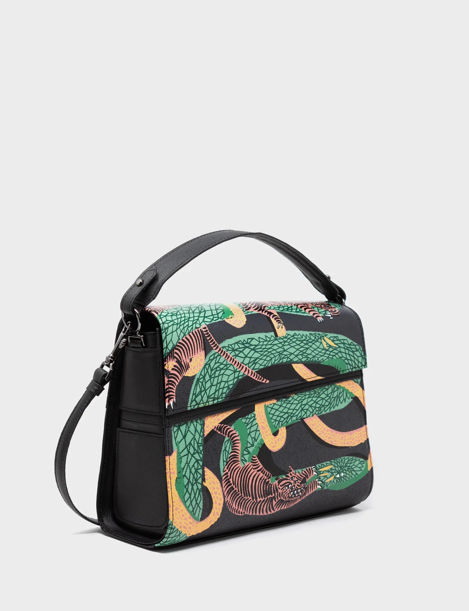 Modern corduroy crossbody bag-Anastasio Medium Crossbody Handbag Black Leather - Tiger And Snake Print