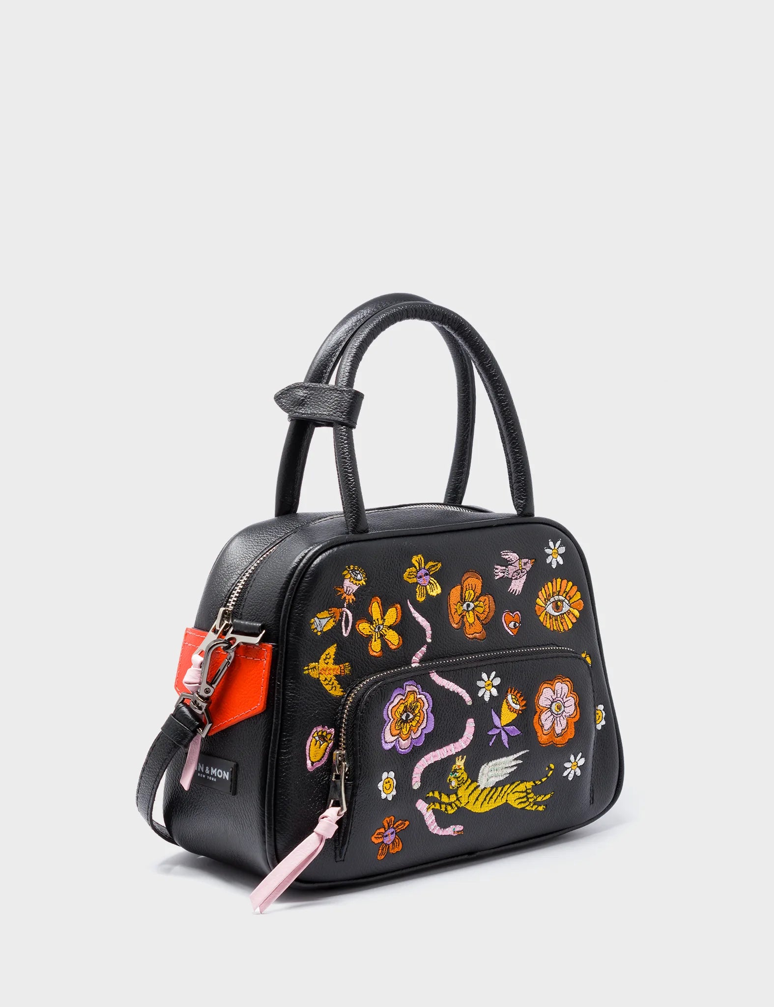 Colorful green crossbody bag-Marino Medium Crossbody Black Leather Bag - Vintage Bloom Embroidery