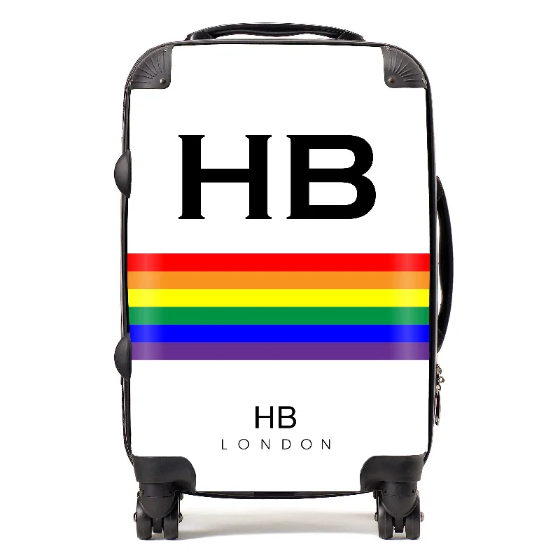 low-cost suitcase for young travelers -Personalised White Pride Stripe with Black Font Initial Suitcase