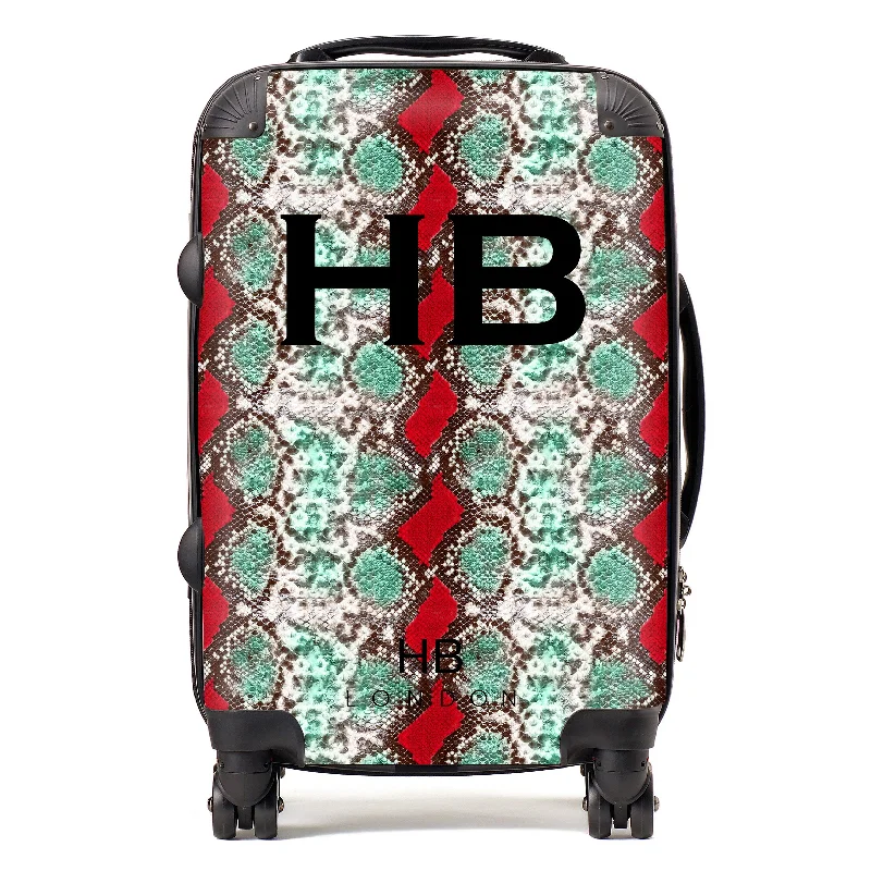 tech-ready suitcase for modern use -Personalised Green and Red Snake Skin Print with Black Font Initial Suitcase