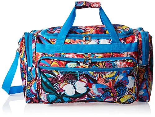 vintage duffel bags for retro vibes -World Traveler Women'S Value Series 22-Inch Carry Blue Butterfly Duffel Bag, Blue Trim Butterfly,