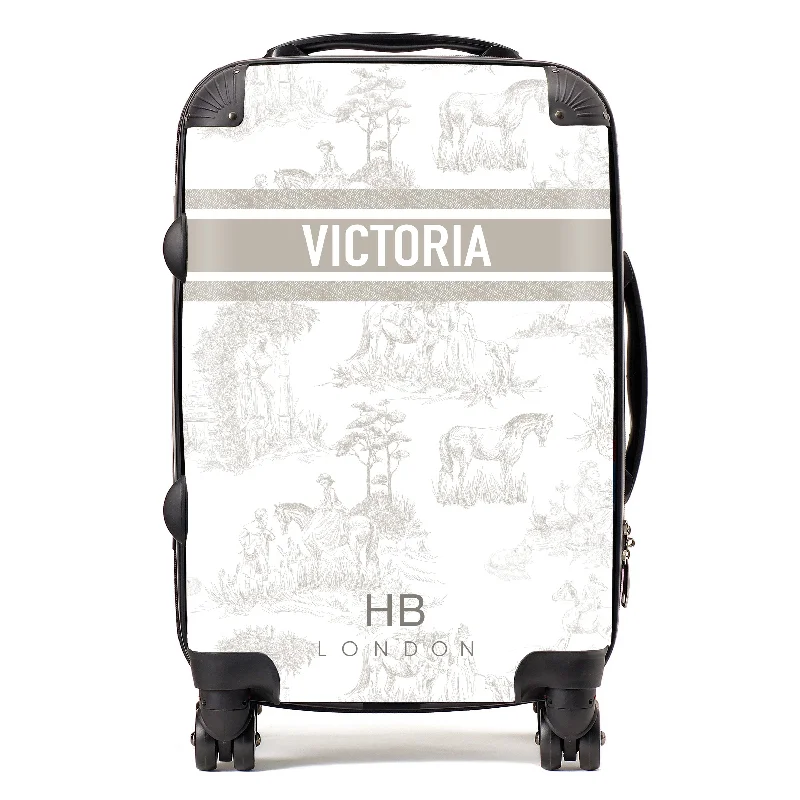 cushioned suitcase for soft storage -Personalised Greige French Toile with Designer Font Initial Suitcase